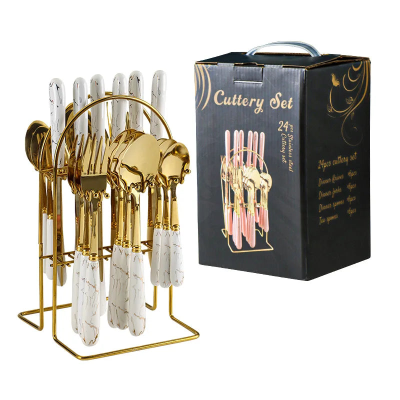24 Pcs Stainless Steel Cutlery Hammer Pattern Ceramic Handle Knife Fork Spoon Set