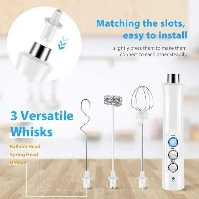 Wireless Rechargeable Electric Milk Frother - 3 Speeds, Handheld Foam Maker for Latte, Cappuccino, Hot Chocolate - USB Rechargea