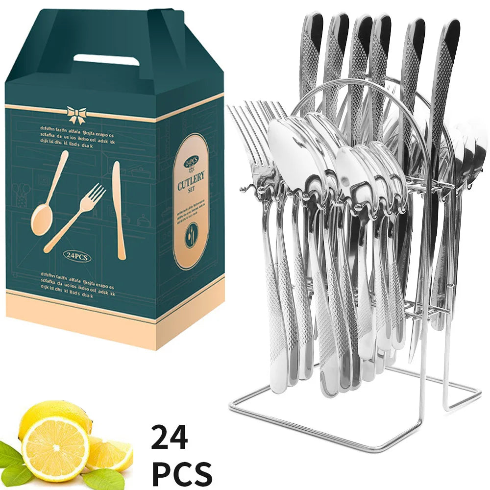 24 Pcs Stainless Steel Cutlery Hammer Pattern Ceramic Handle Knife Fork Spoon Set