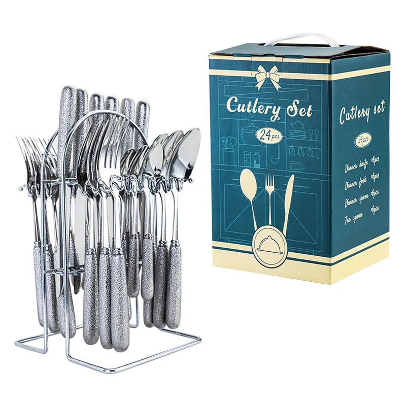 24 Pcs Stainless Steel Cutlery Hammer Pattern Ceramic Handle Knife Fork Spoon Set
