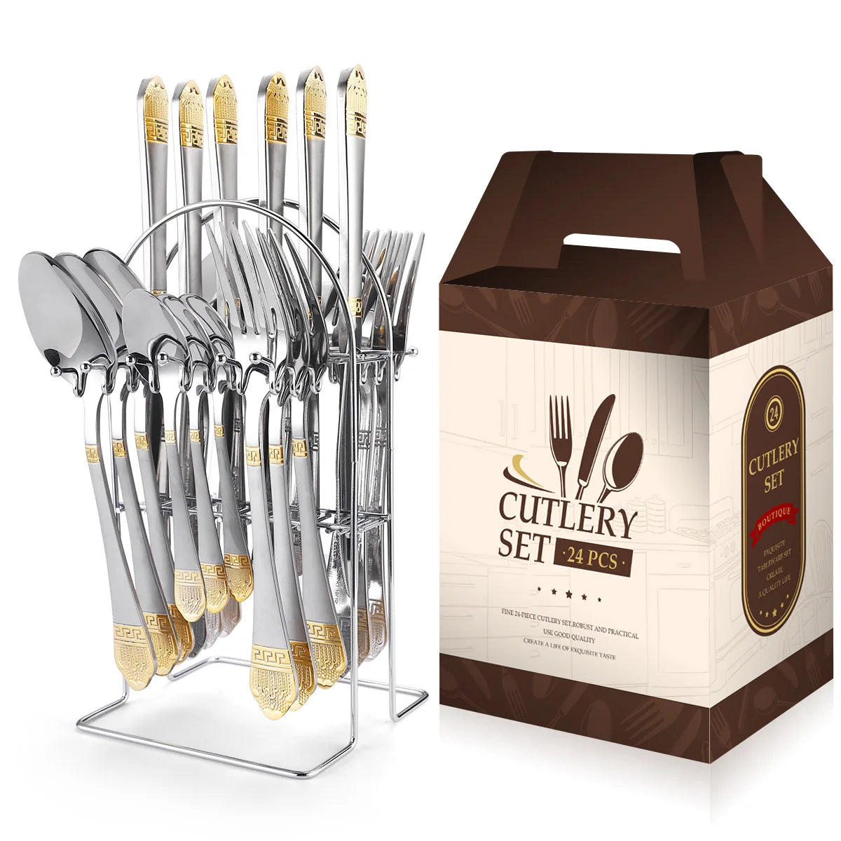 24 Pcs Stainless Steel Cutlery Hammer Pattern Ceramic Handle Knife Fork Spoon Set