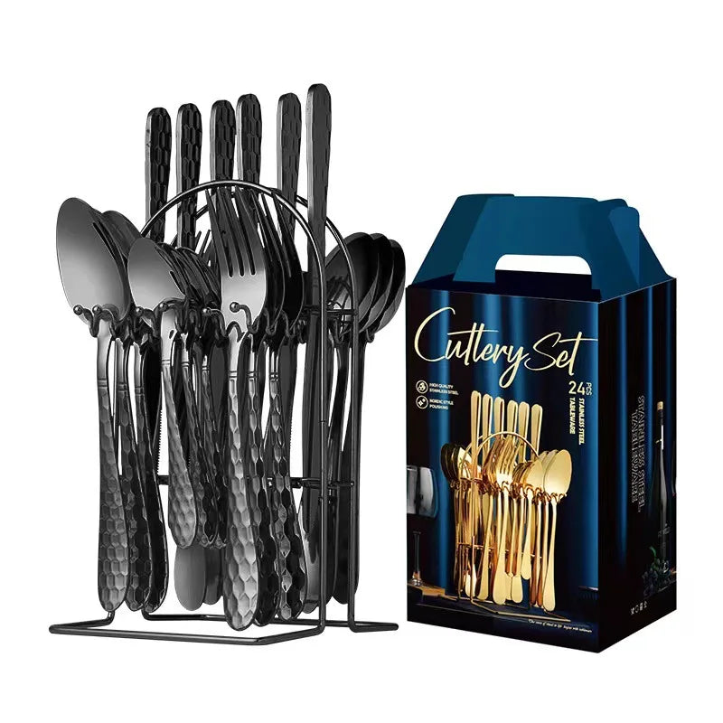 24 Pcs Stainless Steel Cutlery Hammer Pattern Ceramic Handle Knife Fork Spoon Set