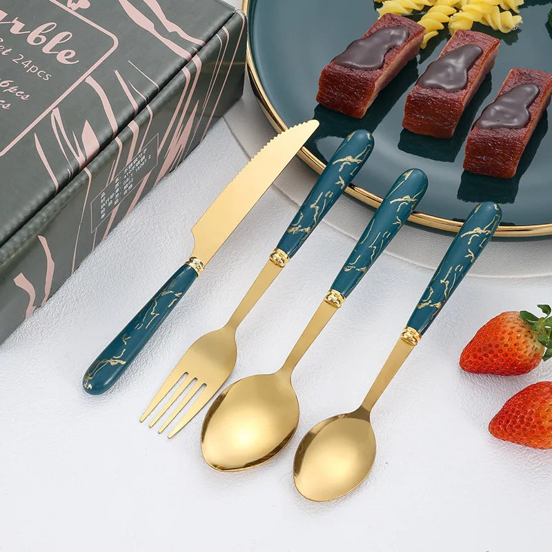 Elegant Stainless Steel Knife, Fork, and Spoon 24-Piece Set with Marble Handle for Hotel Events and Fine Dining Spoon Set