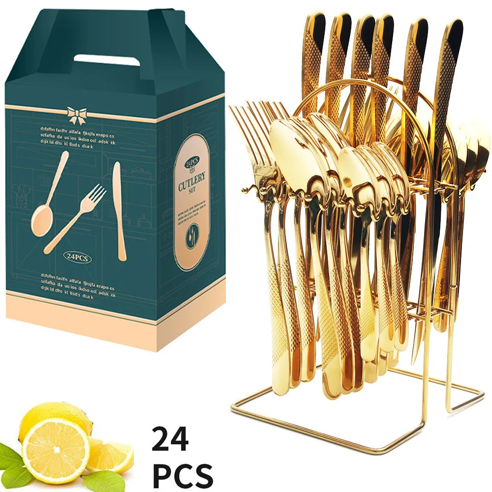 24 Pcs Stainless Steel Cutlery Hammer Pattern Ceramic Handle Knife Fork Spoon Set