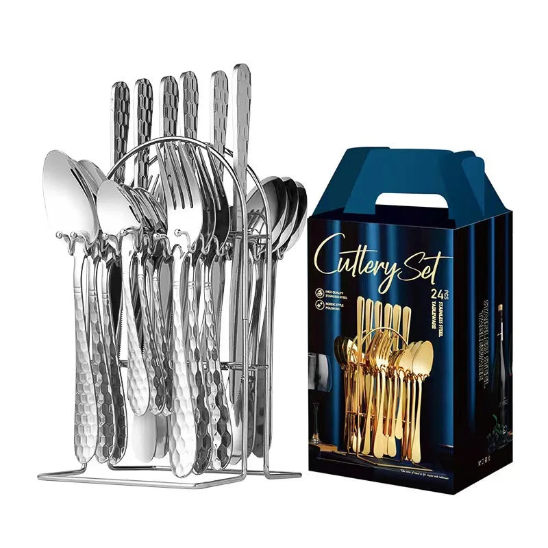 24 Pcs Stainless Steel Cutlery Hammer Pattern Ceramic Handle Knife Fork Spoon Set