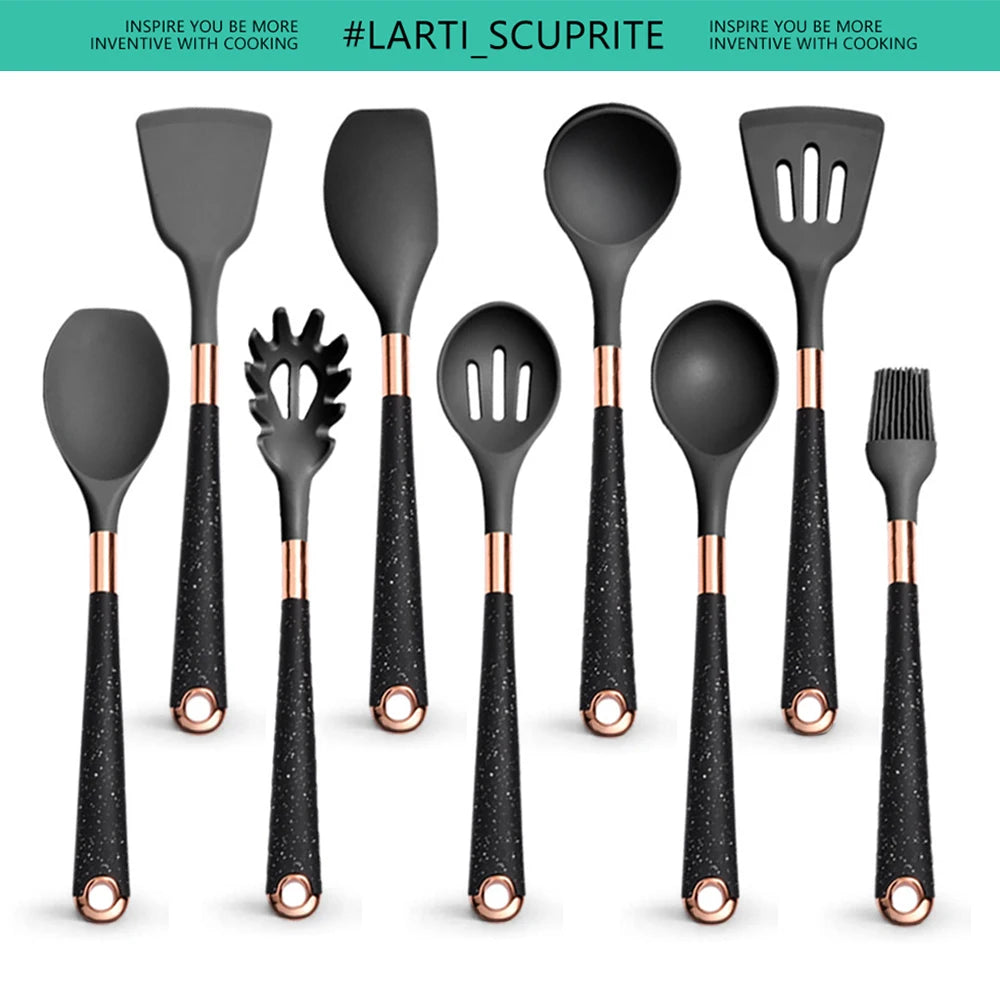 5-10 Pcs Silicone Cooking Utensil Set Mixing Slotted Serving Spatula Nonstick Heat Resistant Kitchen Bake Stir Draining Spoons