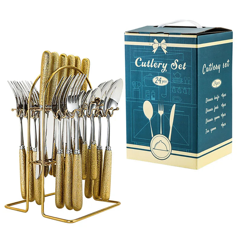 24 Pcs Stainless Steel Cutlery Hammer Pattern Ceramic Handle Knife Fork Spoon Set
