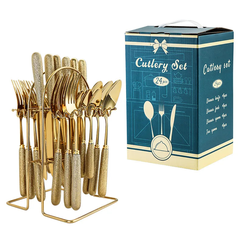 24 Pcs Stainless Steel Cutlery Hammer Pattern Ceramic Handle Knife Fork Spoon Set