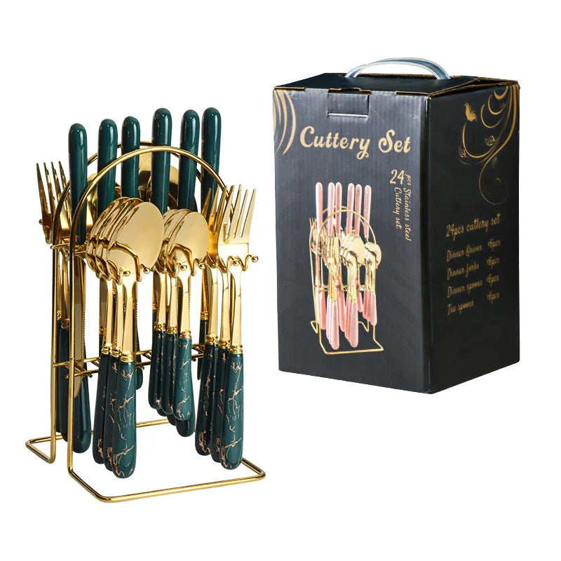 24 Pcs Stainless Steel Cutlery Hammer Pattern Ceramic Handle Knife Fork Spoon Set