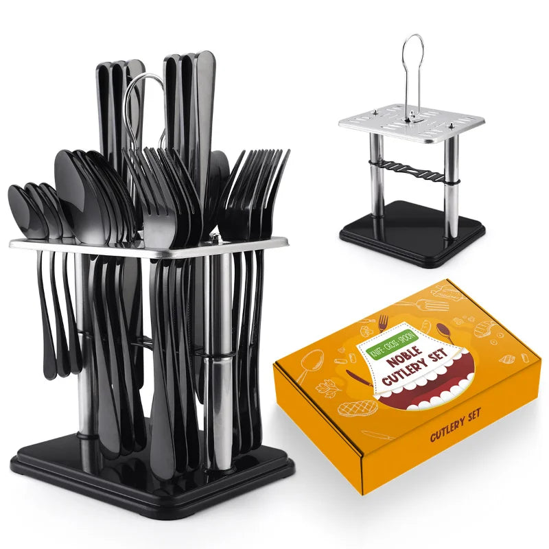 24 Pcs Stainless Steel Cutlery Hammer Pattern Ceramic Handle Knife Fork Spoon Set