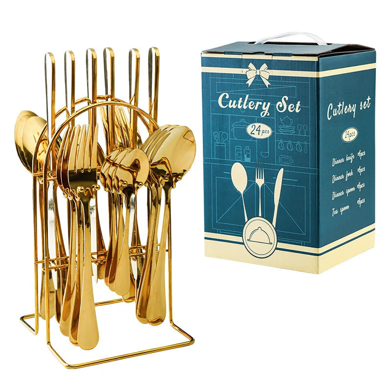 24 Pcs Stainless Steel Cutlery Hammer Pattern Ceramic Handle Knife Fork Spoon Set