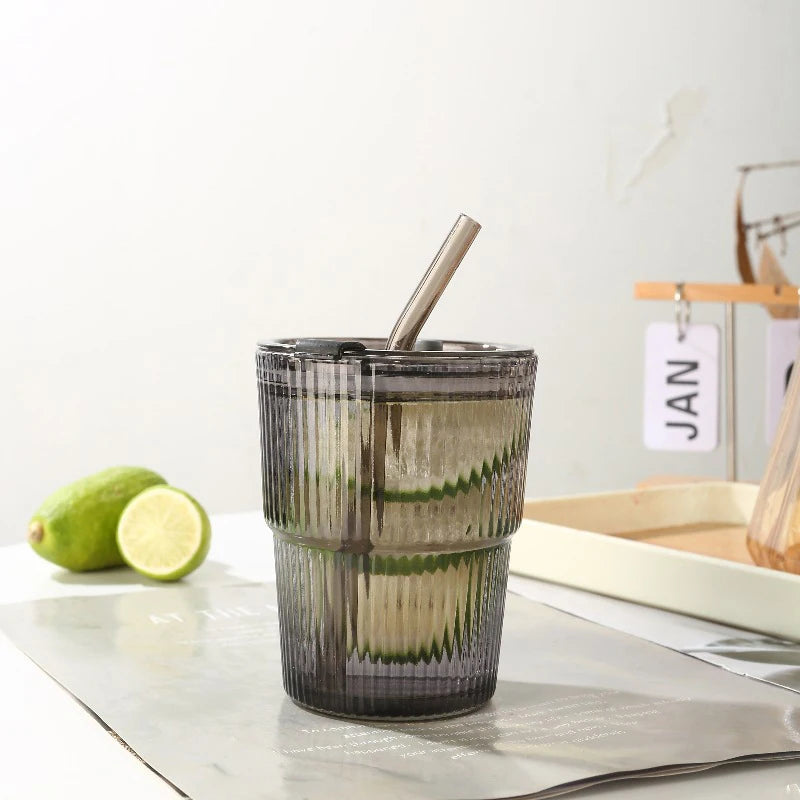 🥤 450ml Stripe Glass Cup with Lid & Straw