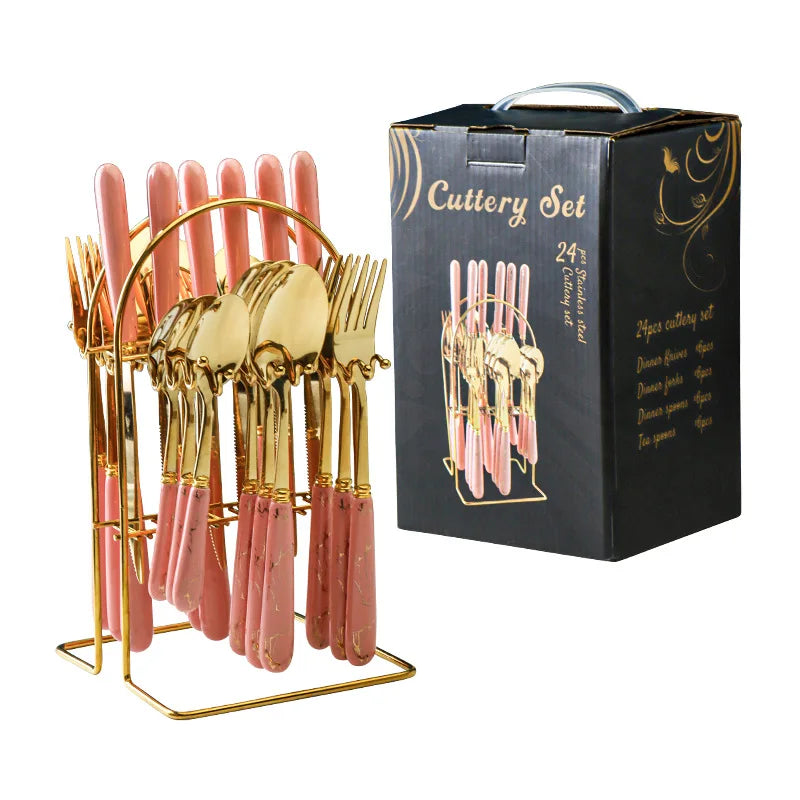 24 Pcs Stainless Steel Cutlery Hammer Pattern Ceramic Handle Knife Fork Spoon Set