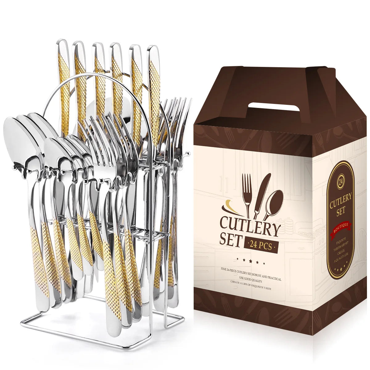 24 Pcs Stainless Steel Cutlery Hammer Pattern Ceramic Handle Knife Fork Spoon Set