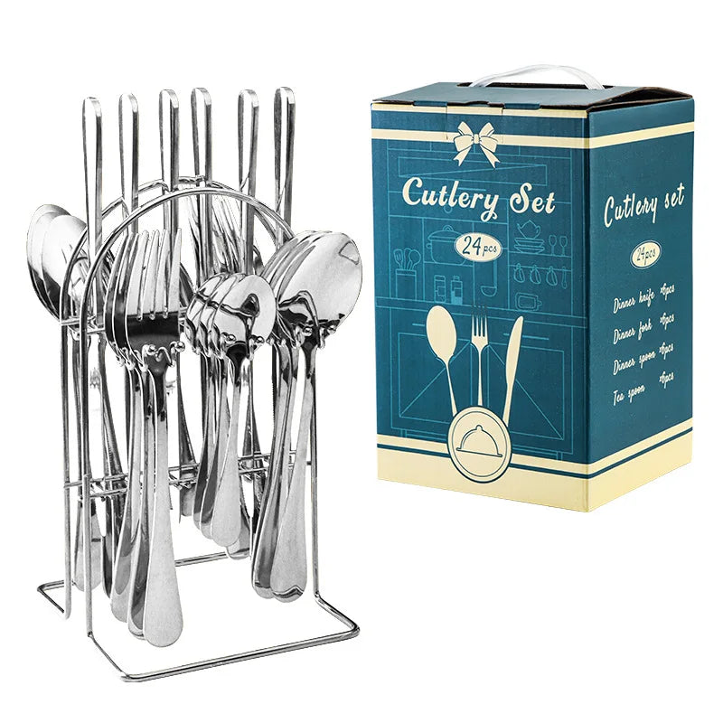 24 Pcs Stainless Steel Cutlery Hammer Pattern Ceramic Handle Knife Fork Spoon Set