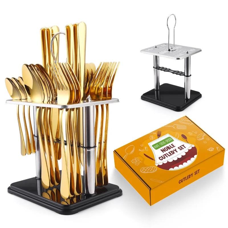 24 Pcs Stainless Steel Cutlery Hammer Pattern Ceramic Handle Knife Fork Spoon Set