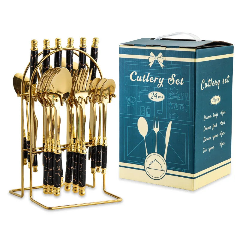 24 Pcs Stainless Steel Cutlery Hammer Pattern Ceramic Handle Knife Fork Spoon Set