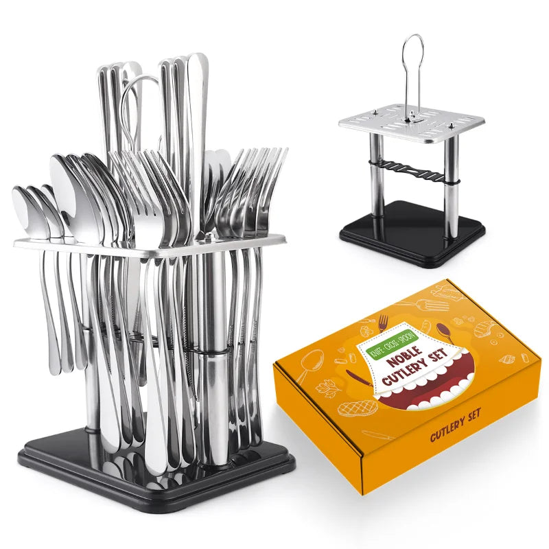 24 Pcs Stainless Steel Cutlery Hammer Pattern Ceramic Handle Knife Fork Spoon Set