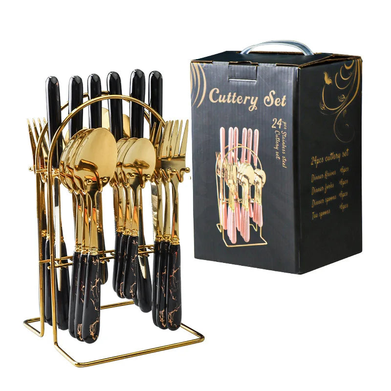 24 Pcs Stainless Steel Cutlery Hammer Pattern Ceramic Handle Knife Fork Spoon Set