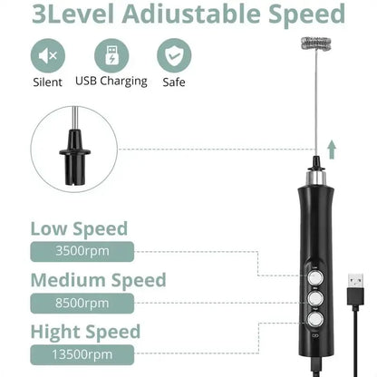 Wireless Rechargeable Electric Milk Frother - 3 Speeds, Handheld Foam Maker for Latte, Cappuccino, Hot Chocolate - USB Rechargea