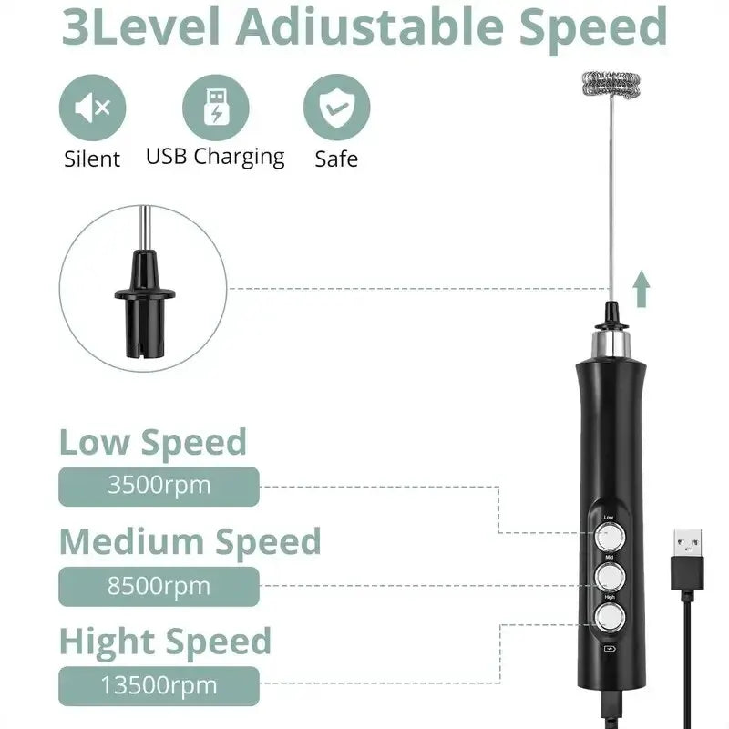 🌀 3-Speed Rechargeable Milk Frother – Café-Quality Foam at Your Fingertips! ☕✨
