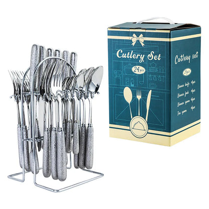24 Pcs Stainless Steel Cutlery Hammer Pattern Ceramic Handle Knife Fork Spoon Set