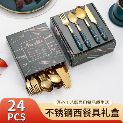 Elegant Stainless Steel Knife, Fork, and Spoon 24-Piece Set with Marble Handle for Hotel Events and Fine Dining Spoon Set