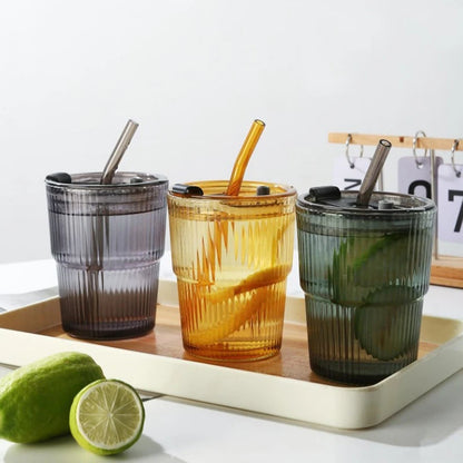 🥤 450ml Stripe Glass Cup with Lid & Straw
