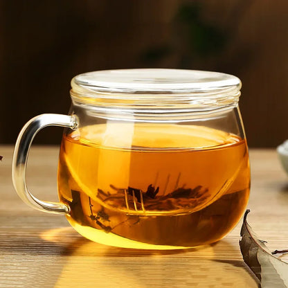🍵 Premium Borosilicate Glass Tea Mug with Strainer and Lid