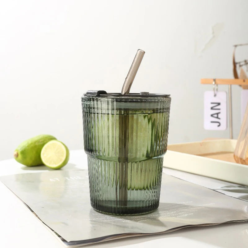 🥤 450ml Stripe Glass Cup with Lid & Straw