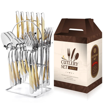 24 Pcs Stainless Steel Cutlery Hammer Pattern Ceramic Handle Knife Fork Spoon Set