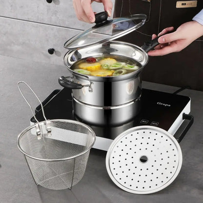 🍳 Stainless Steel Deep Fryer Pot with Basket & Steamer