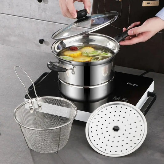 🍳 Stainless Steel Deep Fryer Pot with Basket & Steamer