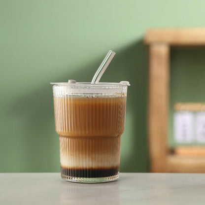 🥤 450ml Stripe Glass Cup with Lid & Straw