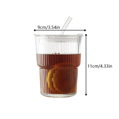 🥤 450ml Stripe Glass Cup with Lid & Straw