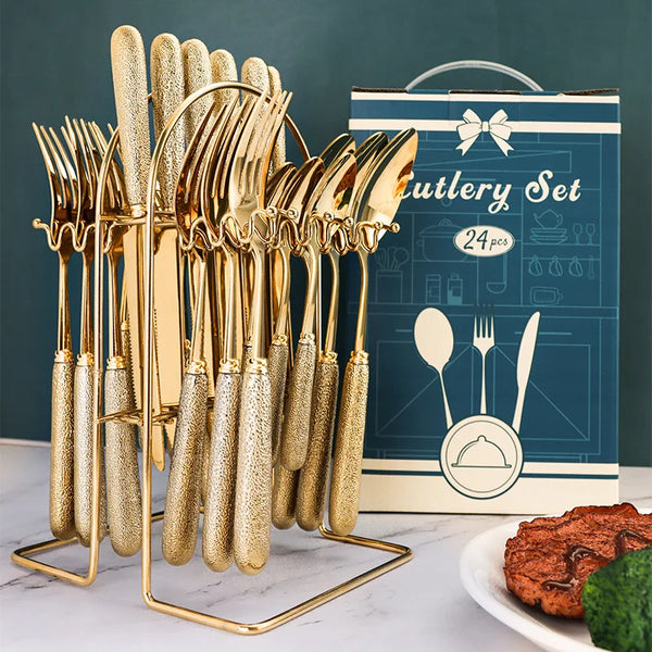 24 Pcs Stainless Steel Cutlery Hammer Pattern Ceramic Handle Knife Fork Spoon Set