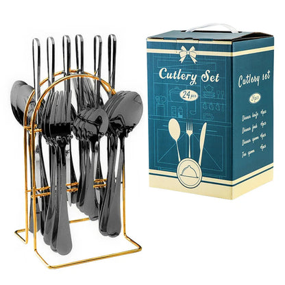 24 Pcs Stainless Steel Cutlery Hammer Pattern Ceramic Handle Knife Fork Spoon Set