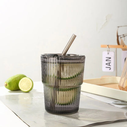 🥤 450ml Stripe Glass Cup with Lid & Straw