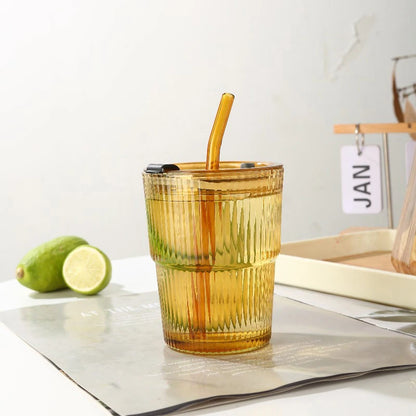 🥤 450ml Stripe Glass Cup with Lid & Straw