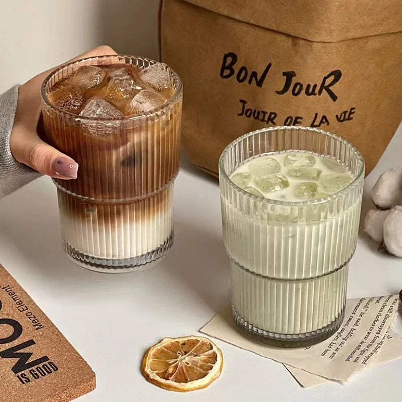 🥤 450ml Stripe Glass Cup with Lid & Straw