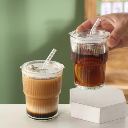 🥤 450ml Stripe Glass Cup with Lid & Straw