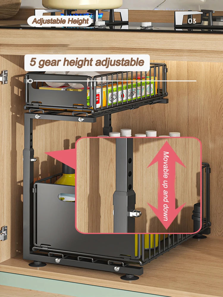 Pull-Out Under Sink Organizer, 2-Tier Adjustable Height Sliding Shelf for Kitchen/Bathroom Cabinet Storage, Black & White