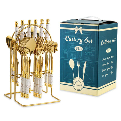 24 Pcs Stainless Steel Cutlery Hammer Pattern Ceramic Handle Knife Fork Spoon Set