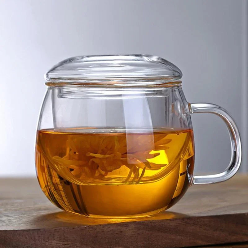 🍵 Premium Borosilicate Glass Tea Mug with Strainer and Lid
