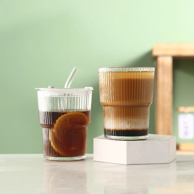 🥤 450ml Stripe Glass Cup with Lid & Straw