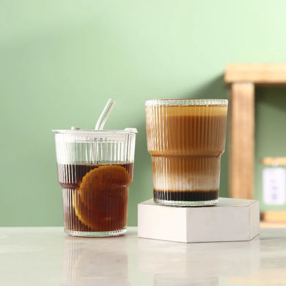 🥤 450ml Stripe Glass Cup with Lid & Straw