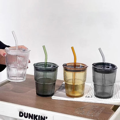 🥤 450ml Stripe Glass Cup with Lid & Straw