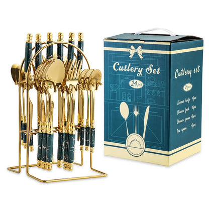 24 Pcs Stainless Steel Cutlery Hammer Pattern Ceramic Handle Knife Fork Spoon Set